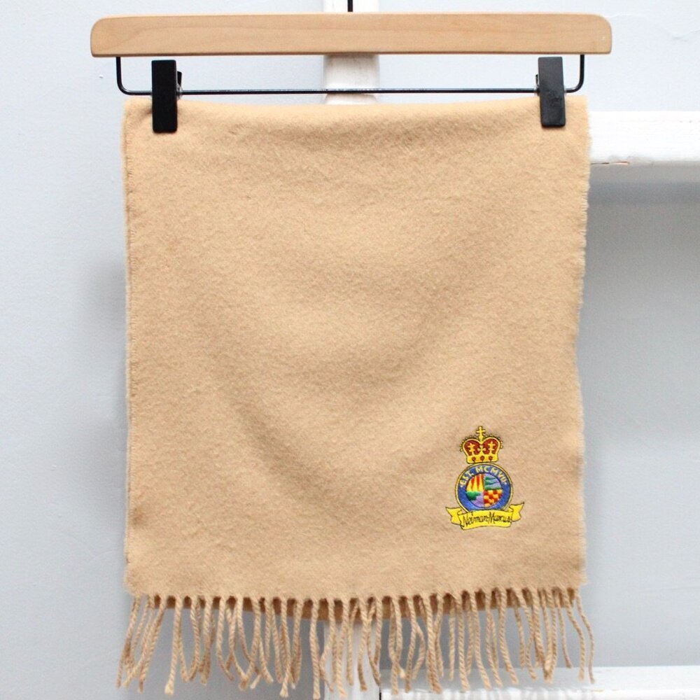 Nieman Marcus Vintage Crest Embroidered Tan Lambswool Rectangle Fringed Scarf